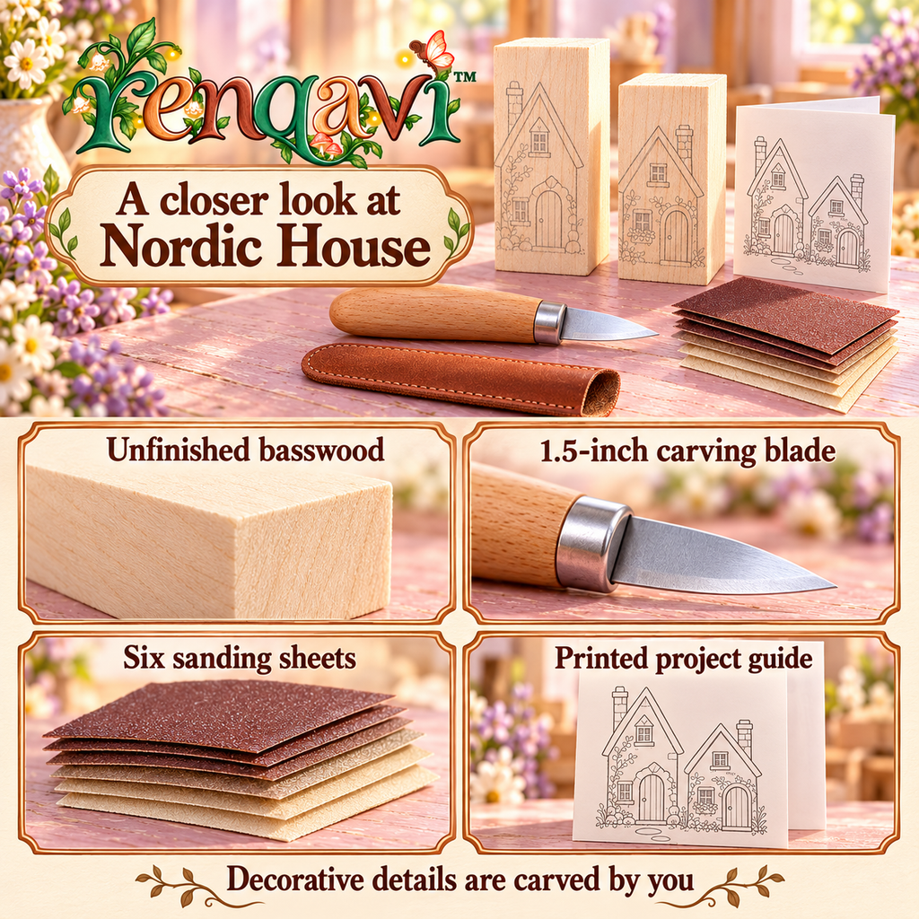 renqavi™ Nordic House Whittling Kit for Adults — Two Basswood Cottage Blanks, Carving Knife & Pattern Guide