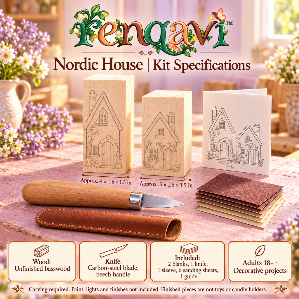 renqavi™ Nordic House Whittling Kit for Adults — Two Basswood Cottage Blanks, Carving Knife & Pattern Guide