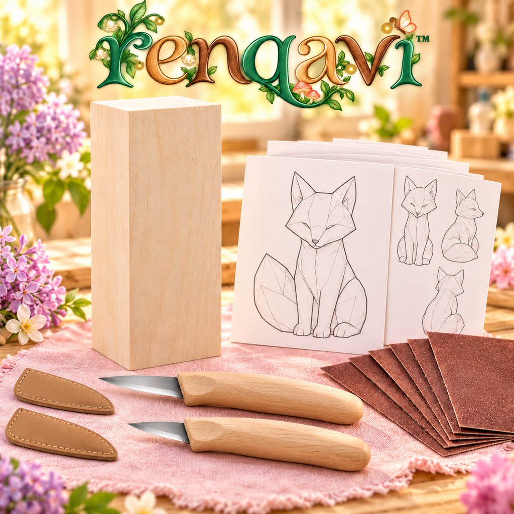 renqavi™ Woodland Fox Beginner Carving Kit — Two Wood Carving Knives, Basswood Blank & Step-by-Step Pattern Cards