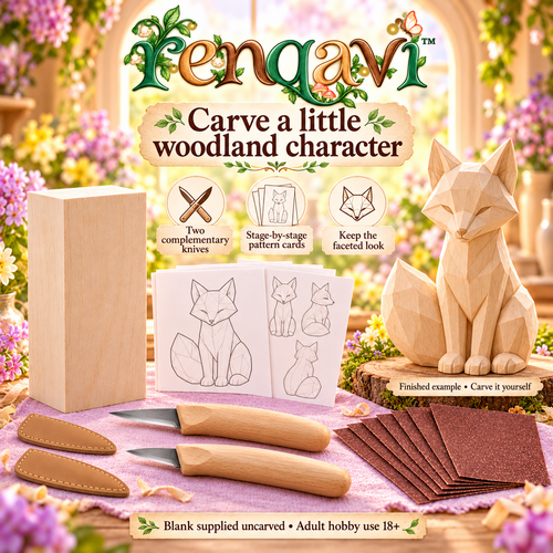 renqavi™ Woodland Fox Beginner Carving Kit — Two Wood Carving Knives, Basswood Blank & Step-by-Step Pattern Cards
