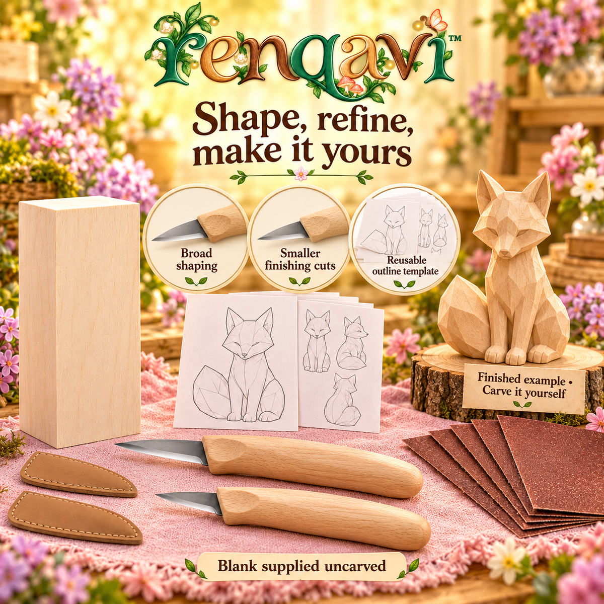renqavi™ Woodland Fox Beginner Carving Kit — Two Wood Carving Knives, Basswood Blank & Step-by-Step Pattern Cards