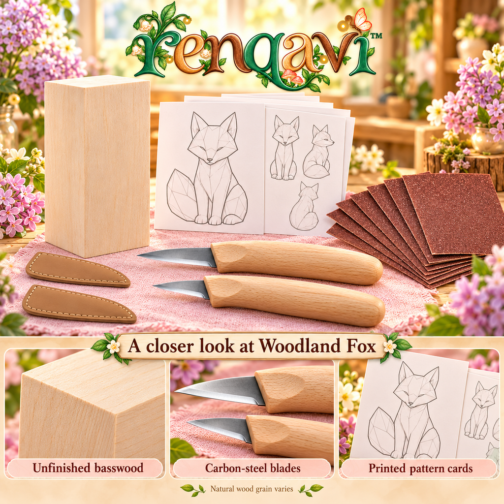 renqavi™ Woodland Fox Beginner Carving Kit — Two Wood Carving Knives, Basswood Blank & Step-by-Step Pattern Cards