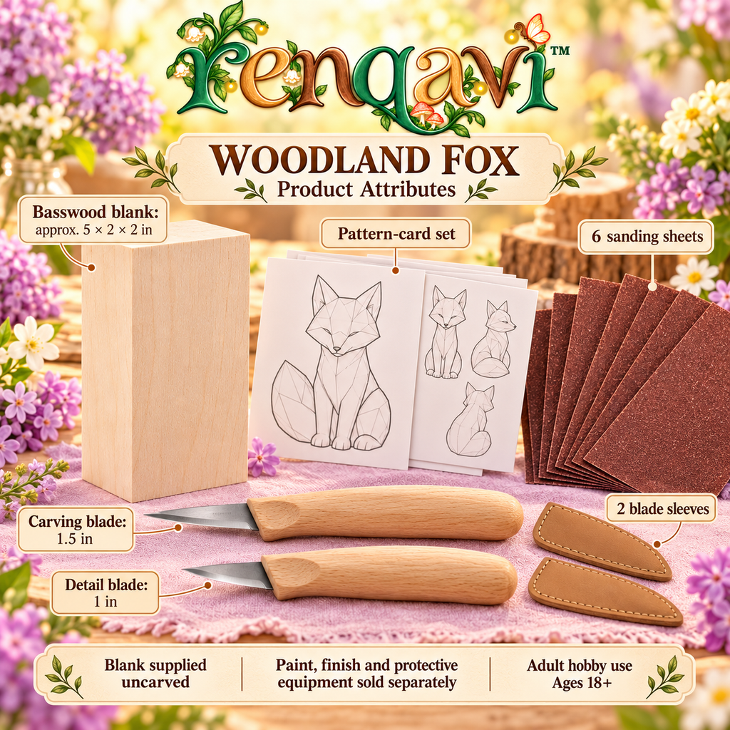 renqavi™ Woodland Fox Beginner Carving Kit — Two Wood Carving Knives, Basswood Blank & Step-by-Step Pattern Cards