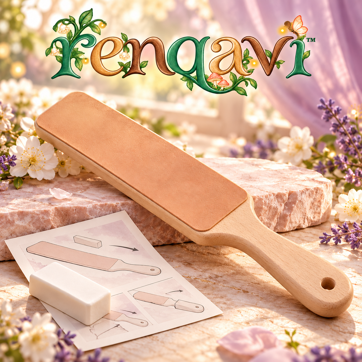renqavi™ EdgeCare Leather Strop Kit — Double-Sided Honing Paddle & Compound for Wood Carving Tool Maintenance