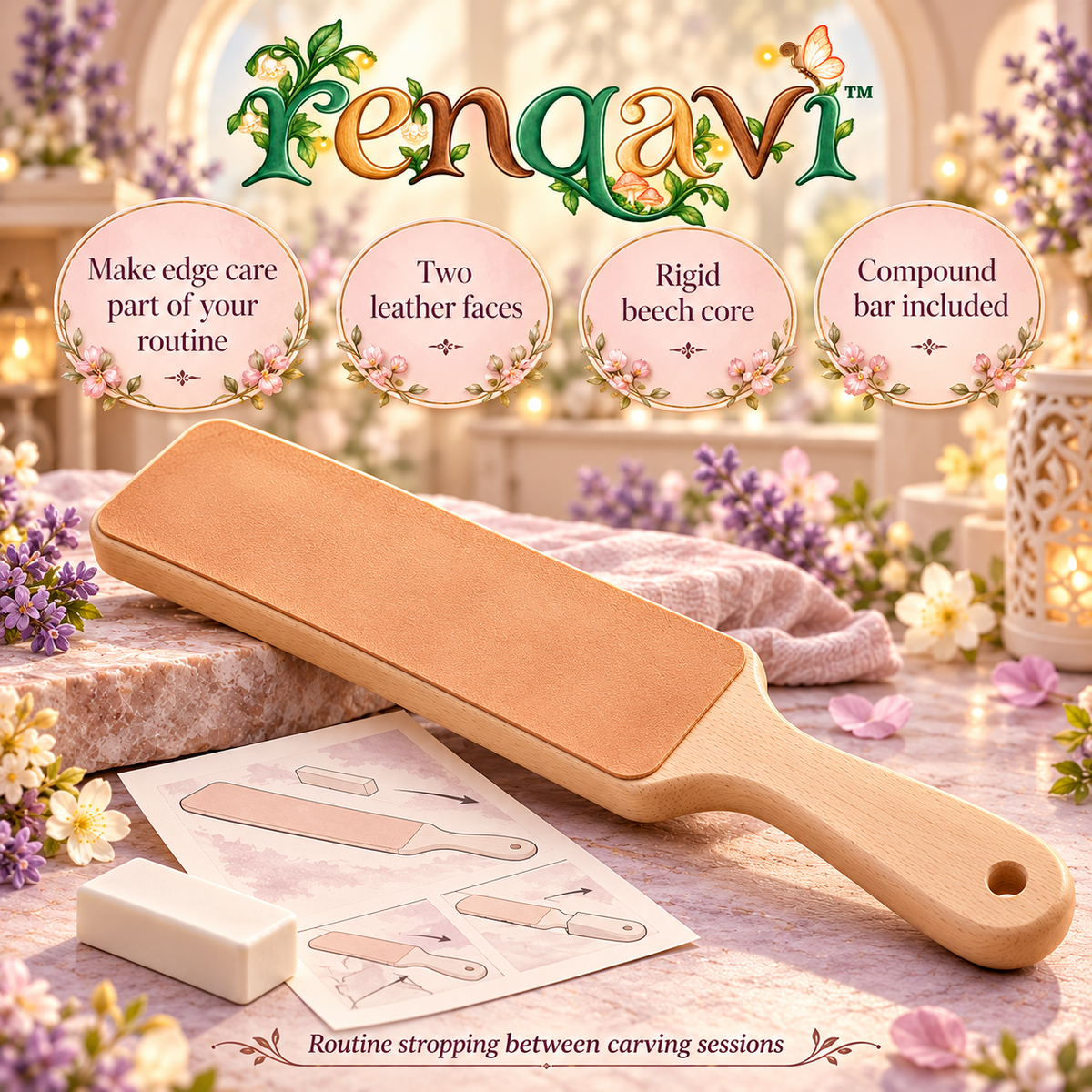 renqavi™ EdgeCare Leather Strop Kit — Double-Sided Honing Paddle & Compound for Wood Carving Tool Maintenance