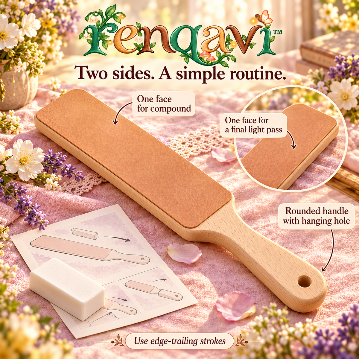 renqavi™ EdgeCare Leather Strop Kit — Double-Sided Honing Paddle & Compound for Wood Carving Tool Maintenance