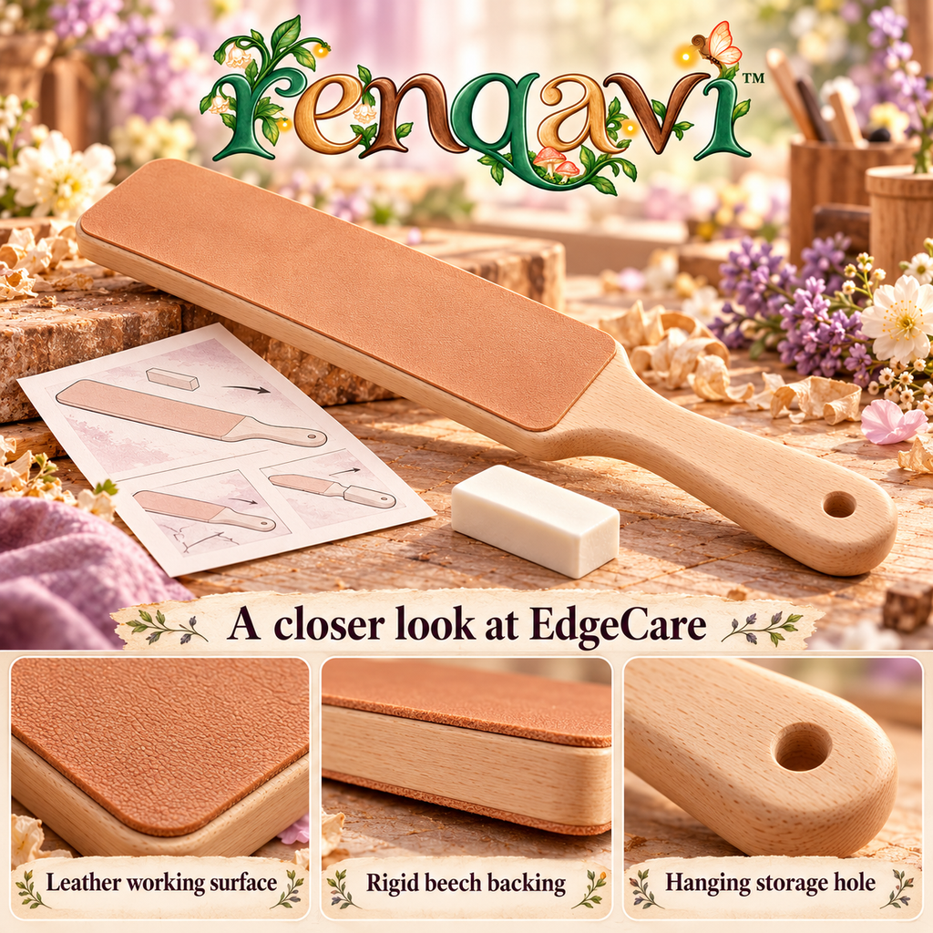 renqavi™ EdgeCare Leather Strop Kit — Double-Sided Honing Paddle & Com