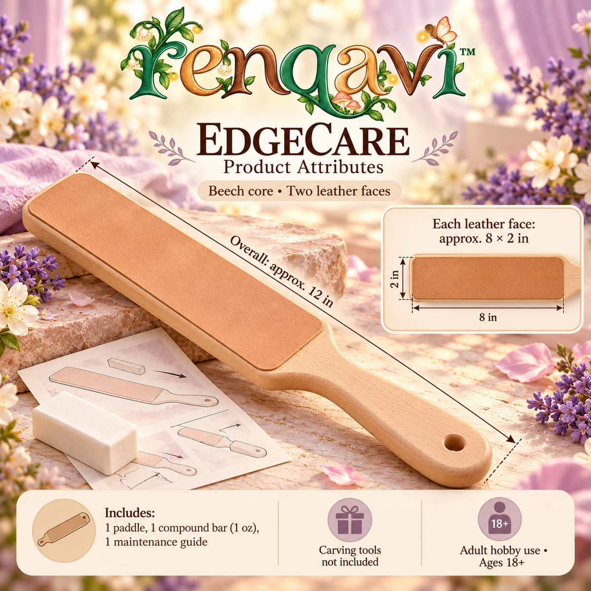 renqavi™ EdgeCare Leather Strop Kit — Double-Sided Honing Paddle & Compound for Wood Carving Tool Maintenance
