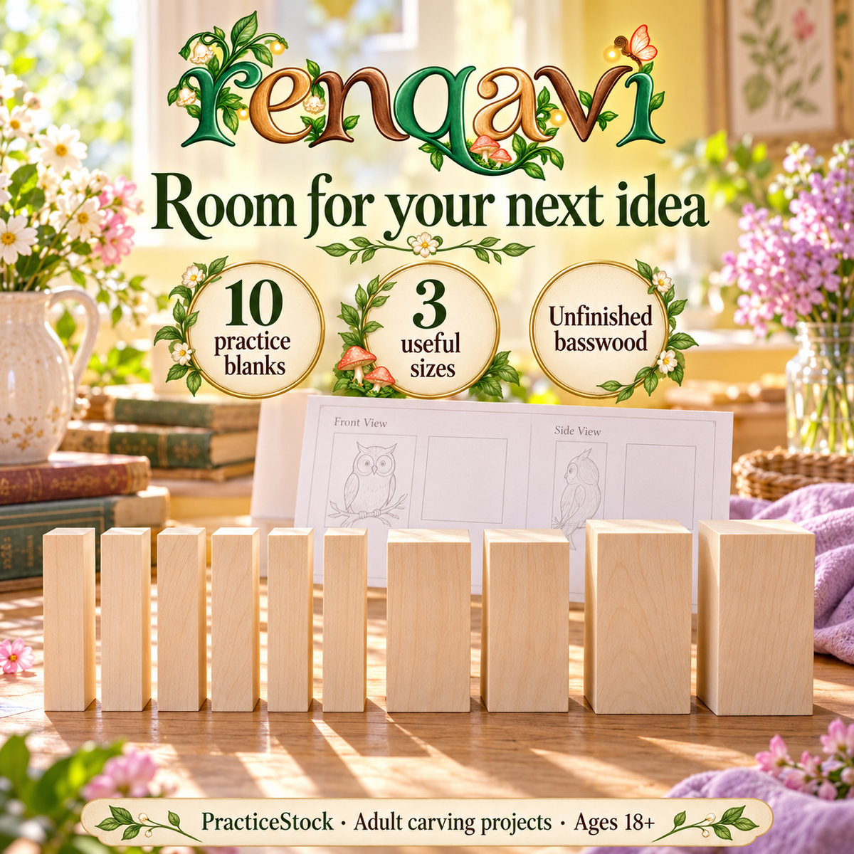 renqavi™ PracticeStock Basswood Carving Blocks — 10-Piece Unfinished Wood Blank Set for Adult Whittling Projects