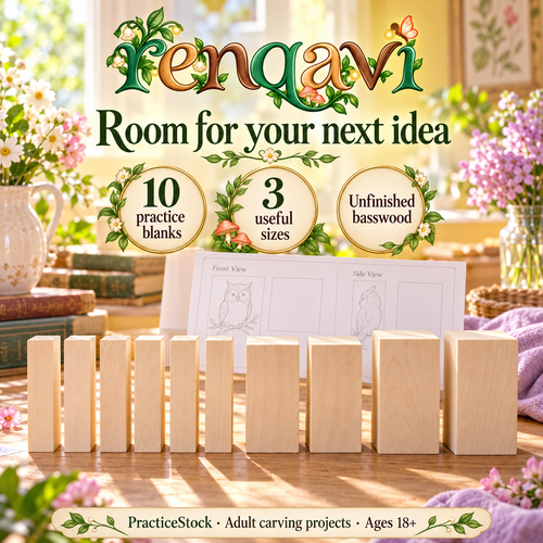 renqavi™ PracticeStock Basswood Carving Blocks — 10-Piece Unfinished Wood Blank Set for Adult Whittling Projects