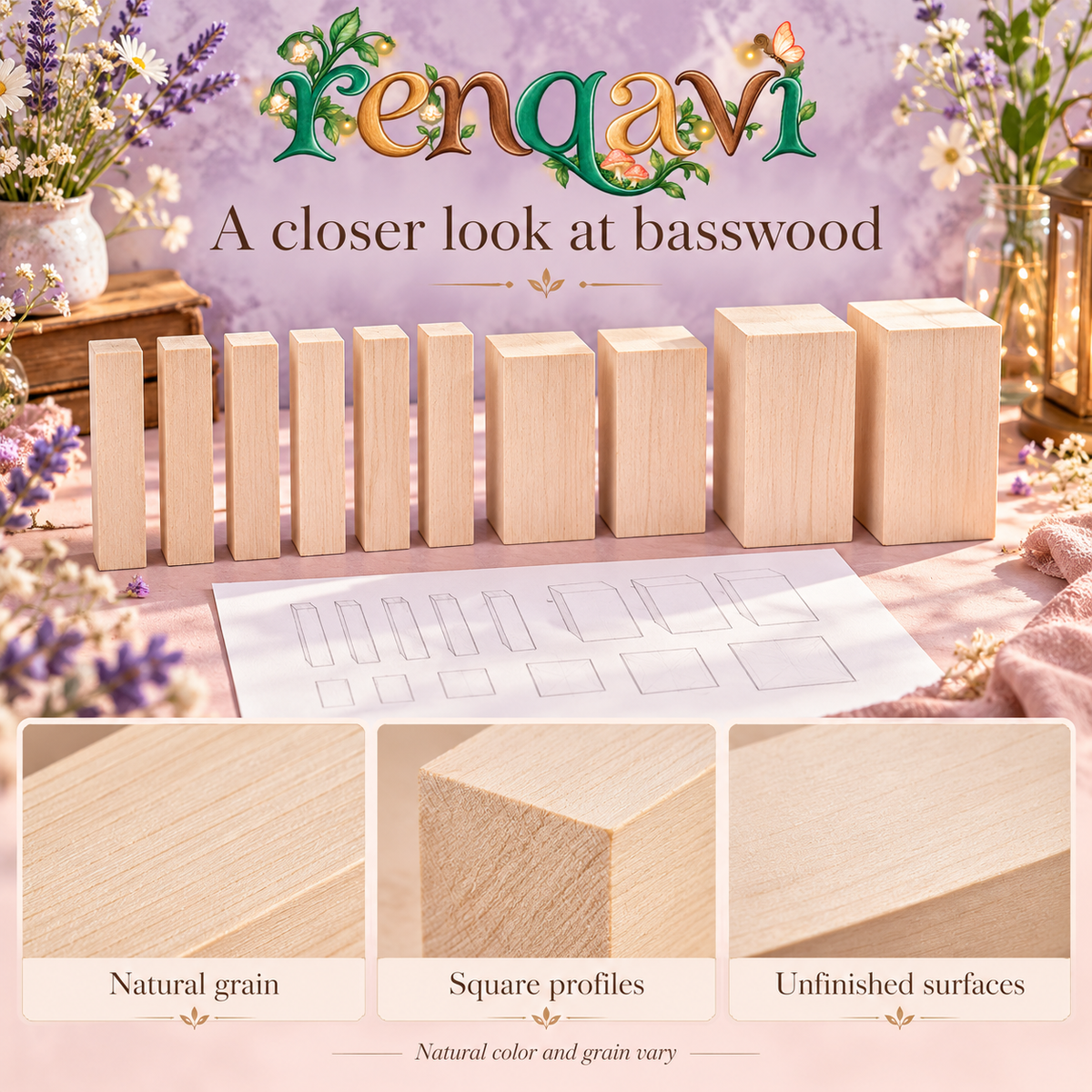 renqavi™ PracticeStock Basswood Carving Blocks — 10-Piece Unfinished Wood Blank Set for Adult Whittling Projects