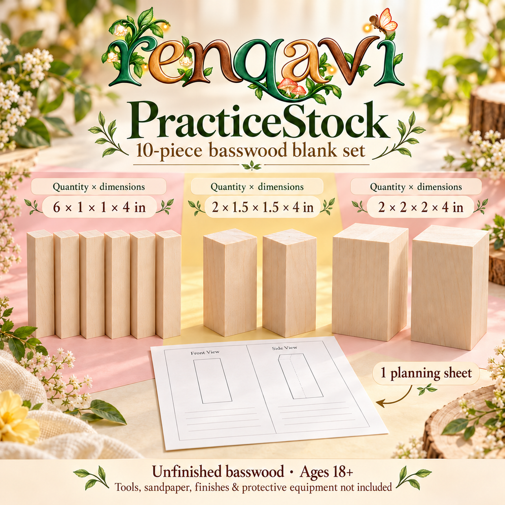 renqavi™ PracticeStock Basswood Carving Blocks — 10-Piece Unfinished Wood Blank Set for Adult Whittling Projects