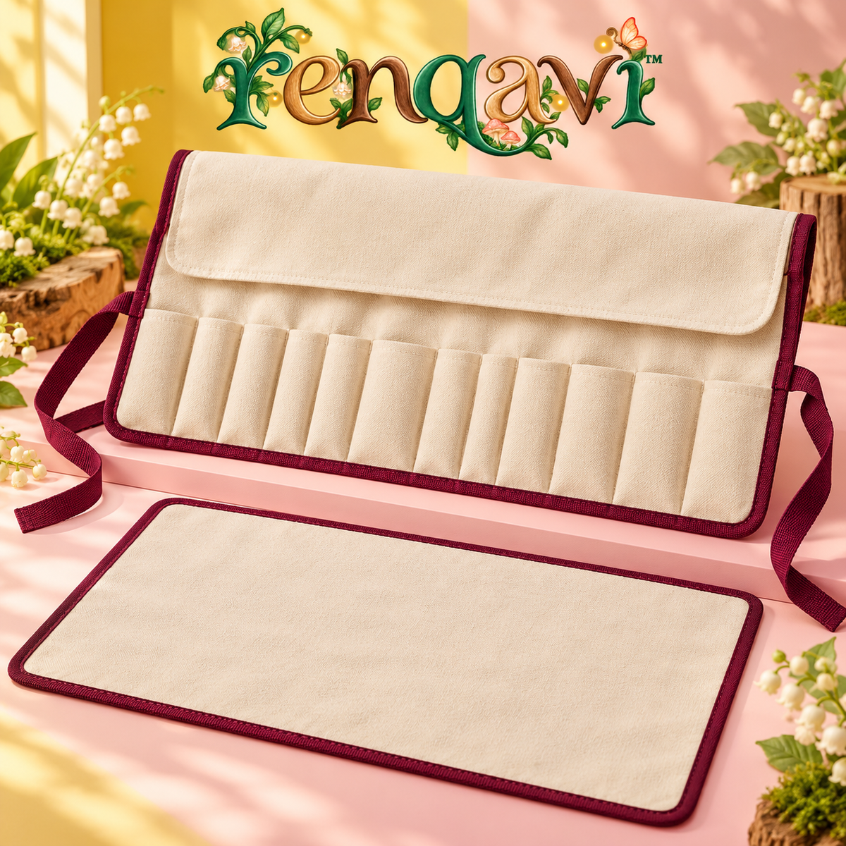 renqavi™ BenchFold Wood Carving Tool Organizer — 12-Pocket Canvas Roll with Removable Shavings Mat