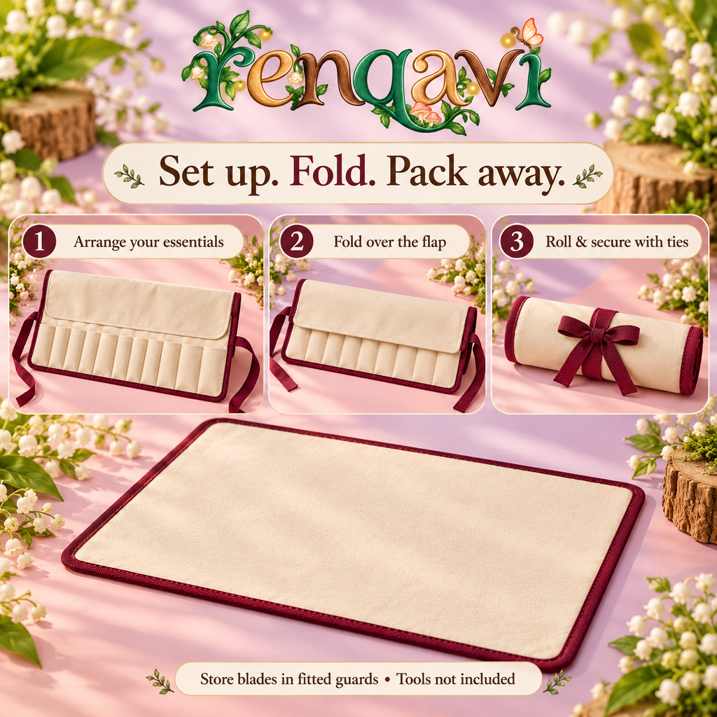 renqavi™ BenchFold Wood Carving Tool Organizer — 12-Pocket Canvas Roll with Removable Shavings Mat