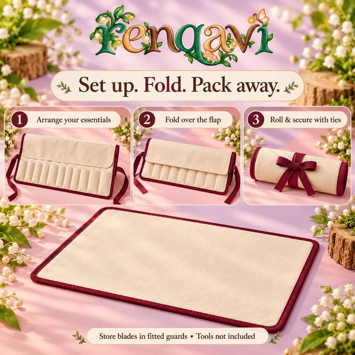 renqavi™ BenchFold Wood Carving Tool Organizer — 12-Pocket Canvas Roll with Removable Shavings Mat