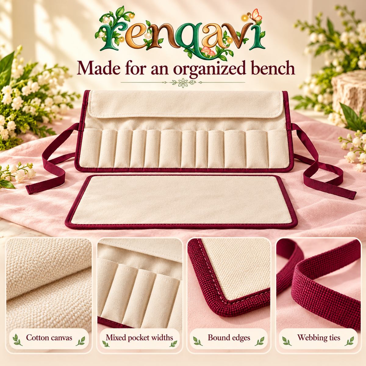 renqavi™ BenchFold Wood Carving Tool Organizer — 12-Pocket Canvas Roll with Removable Shavings Mat