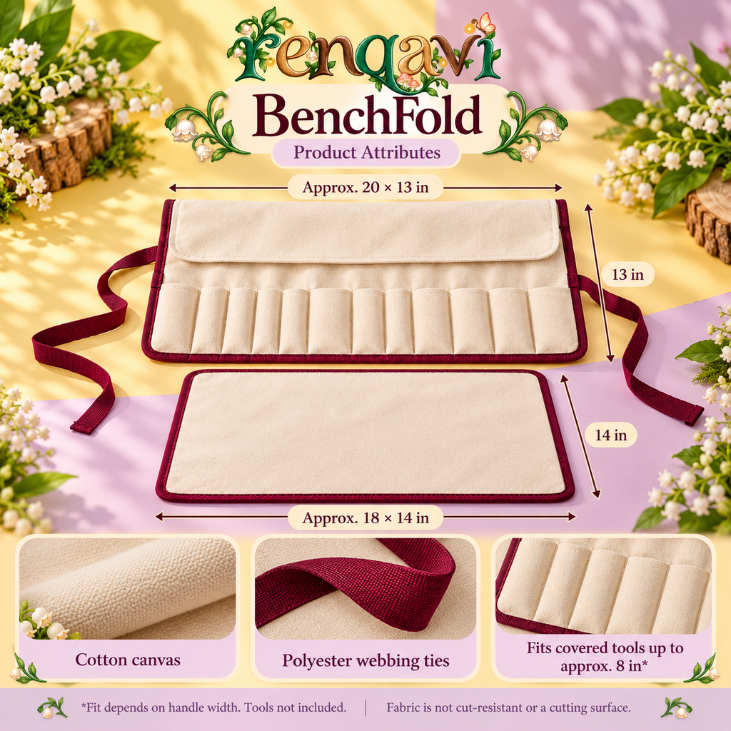 renqavi™ BenchFold Wood Carving Tool Organizer — 12-Pocket Canvas Roll with Removable Shavings Mat